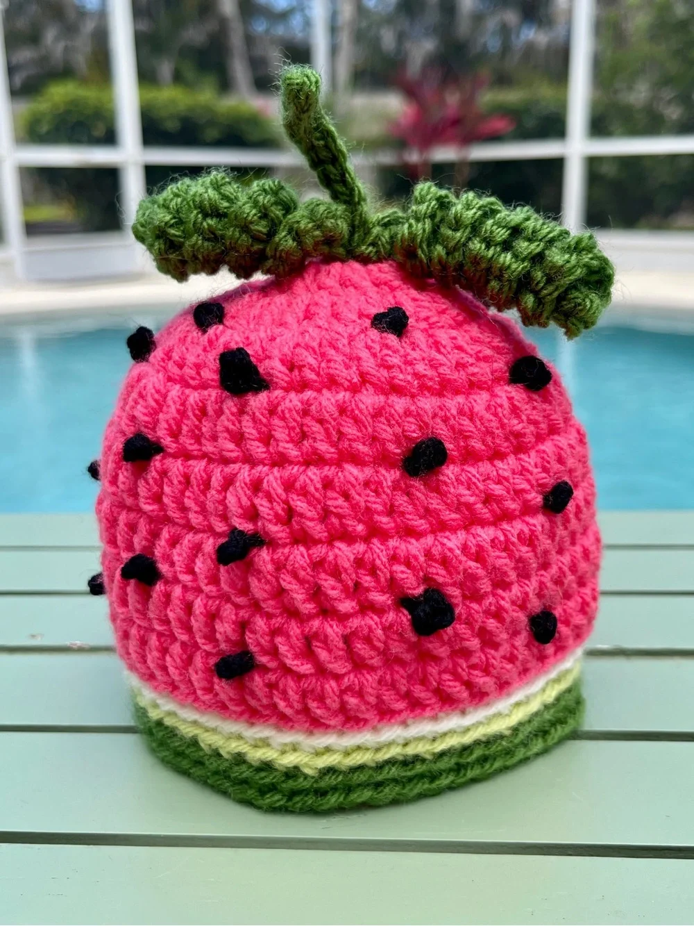 Handmade Pink Watermelon Crochet Baby Hat with Green Trim